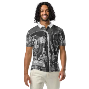 Monochromatic Batik Print – Men’s slim fit polo (Neigbours) - Image 4